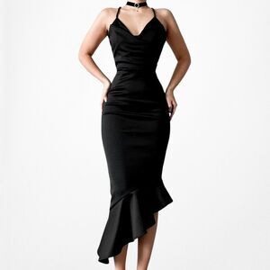 Black Cowl Neck Halter Bodycon Ruffle Midi Cocktail Formal Dress Size 2/XS